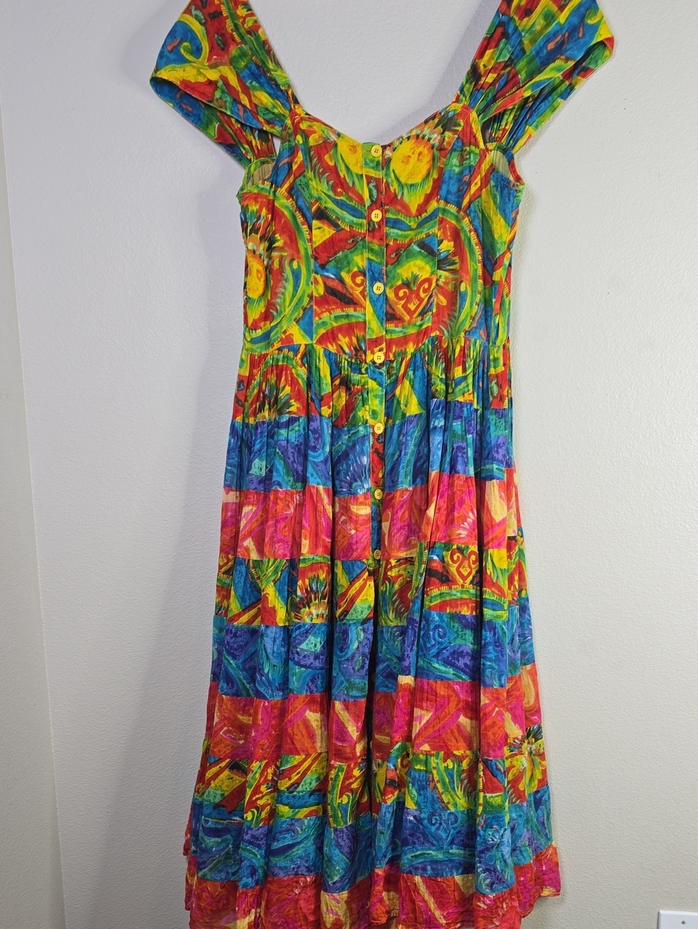 Phool Vintage Vibrant Multicolor Button-Front Midi Lengh Summer Dress Size M